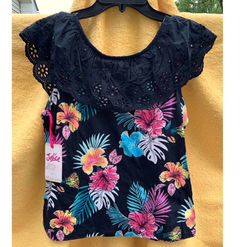 NWT Justice Ruffle Tank Top Floral‎ Tropical Black Eyelet Girls XL(16/18)